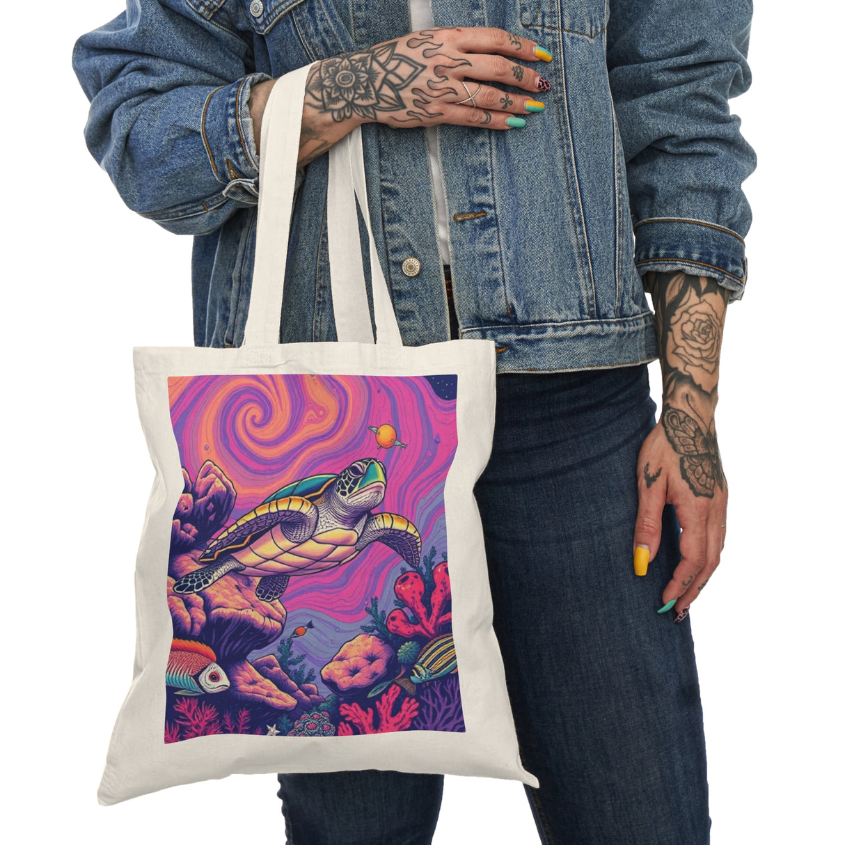 Trippy Purple and Pink Sea Turtle Design Natural Cotton Tote Bag