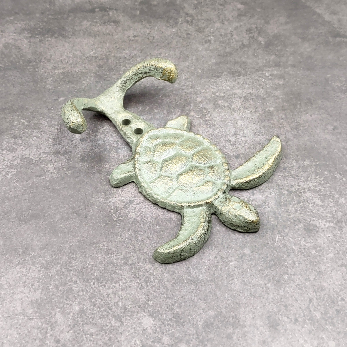 Cast Iron Sea Turtle Wall Hooks Green Gold Patina (1 metal hook approx. 4.75+ inches) Green Sea Turtle Double Wall Hook for coastal decor!