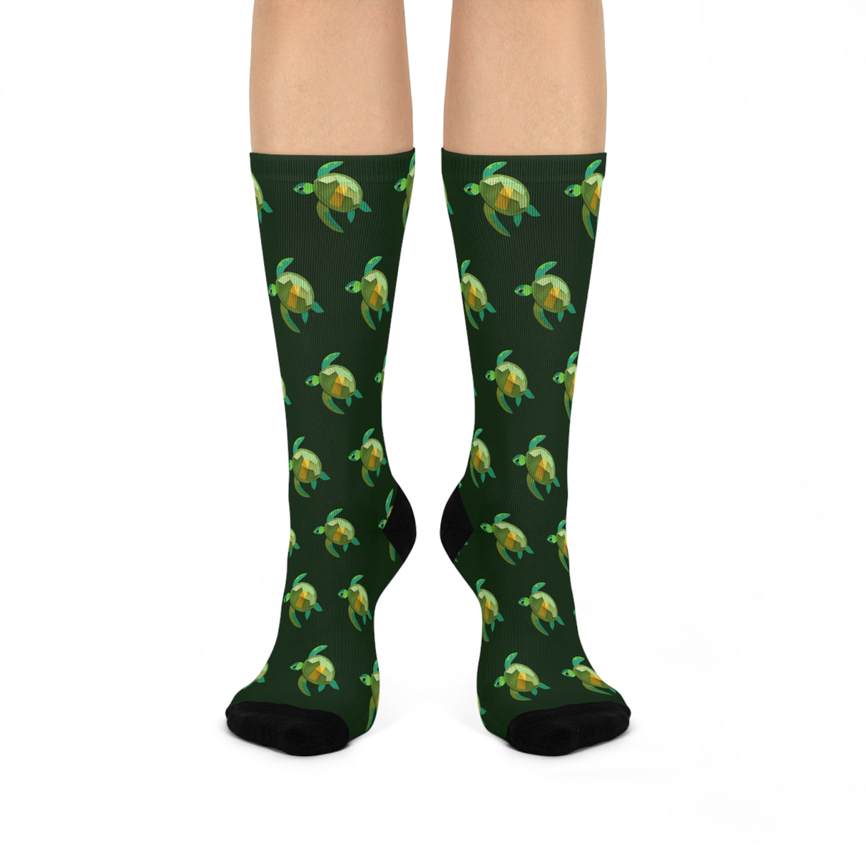 Dark Green Geopattern Sea Turtle Cushioned Crew Socks