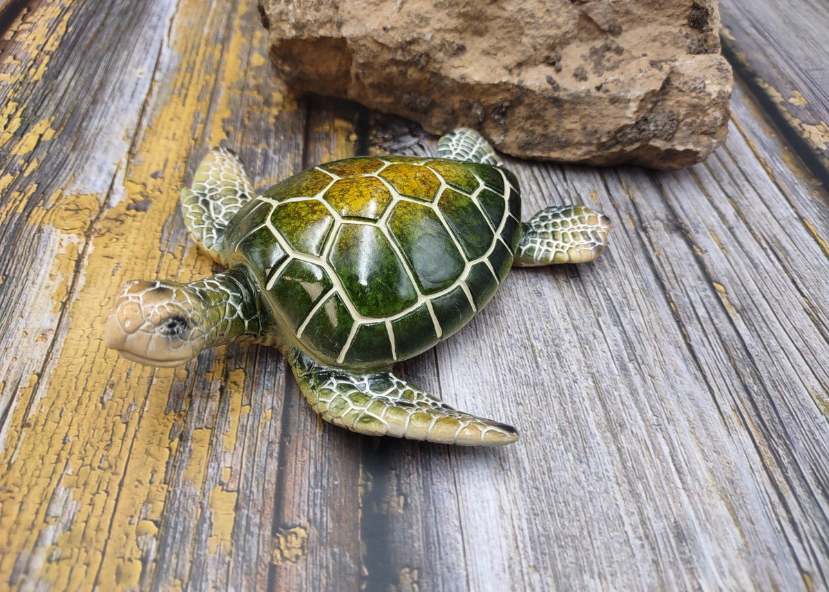 Green Sea Turtle Figurine Painted Resin (1 turtle approx. 5+ inches long) Green Painted Resin Sea Turtle Figure for coastal home decor!