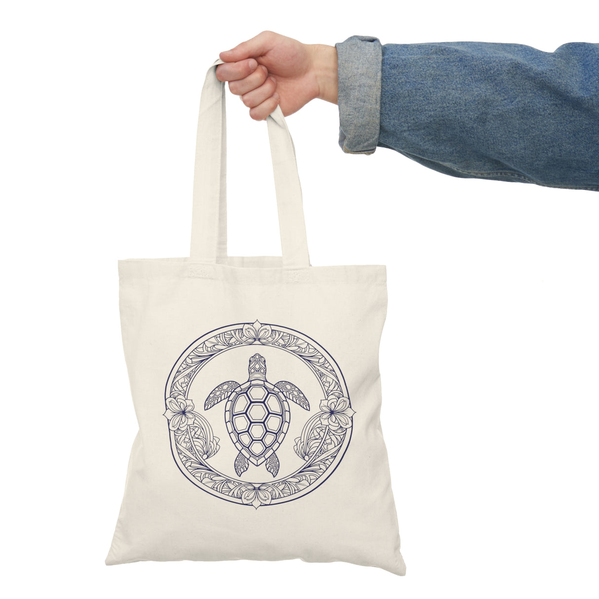 Purple Tropical Flowers and Sea Turtle Eco-Friendly Cotton Tote Bag