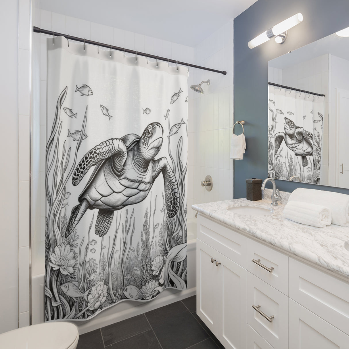 Black and White Sketch Style Sea Turtle Shower Curtains - Coastal Bathroom Decor