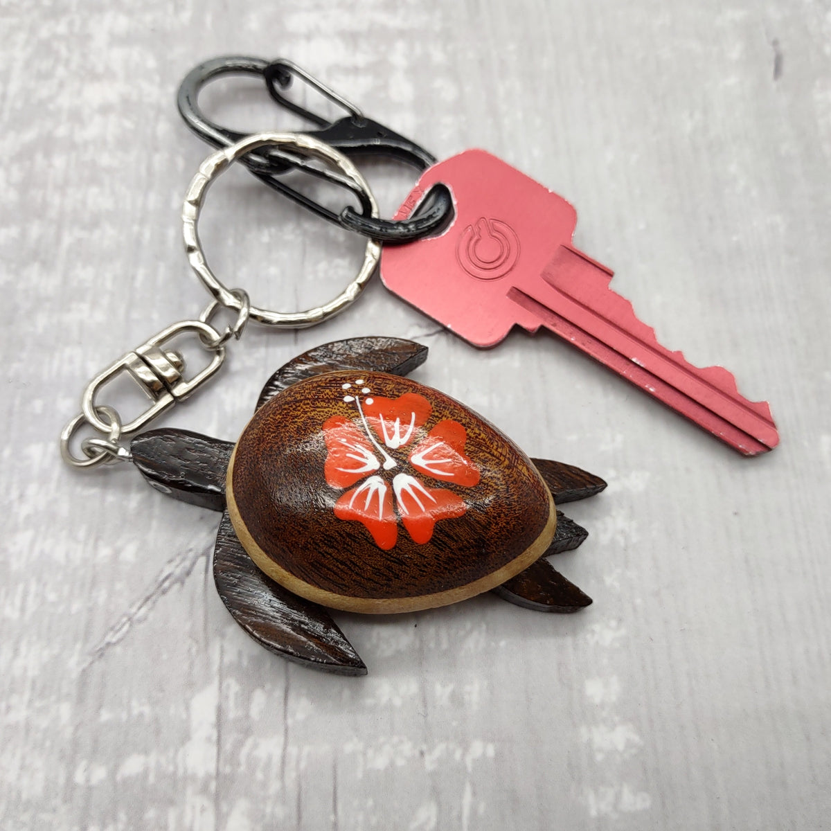 Orange Hibiscus Painted Wooden Sea Turtle Keychain (1 keychain approx. 4.25+ inches) Wooden Sea Turtle Key Fob for gifting or party favors!