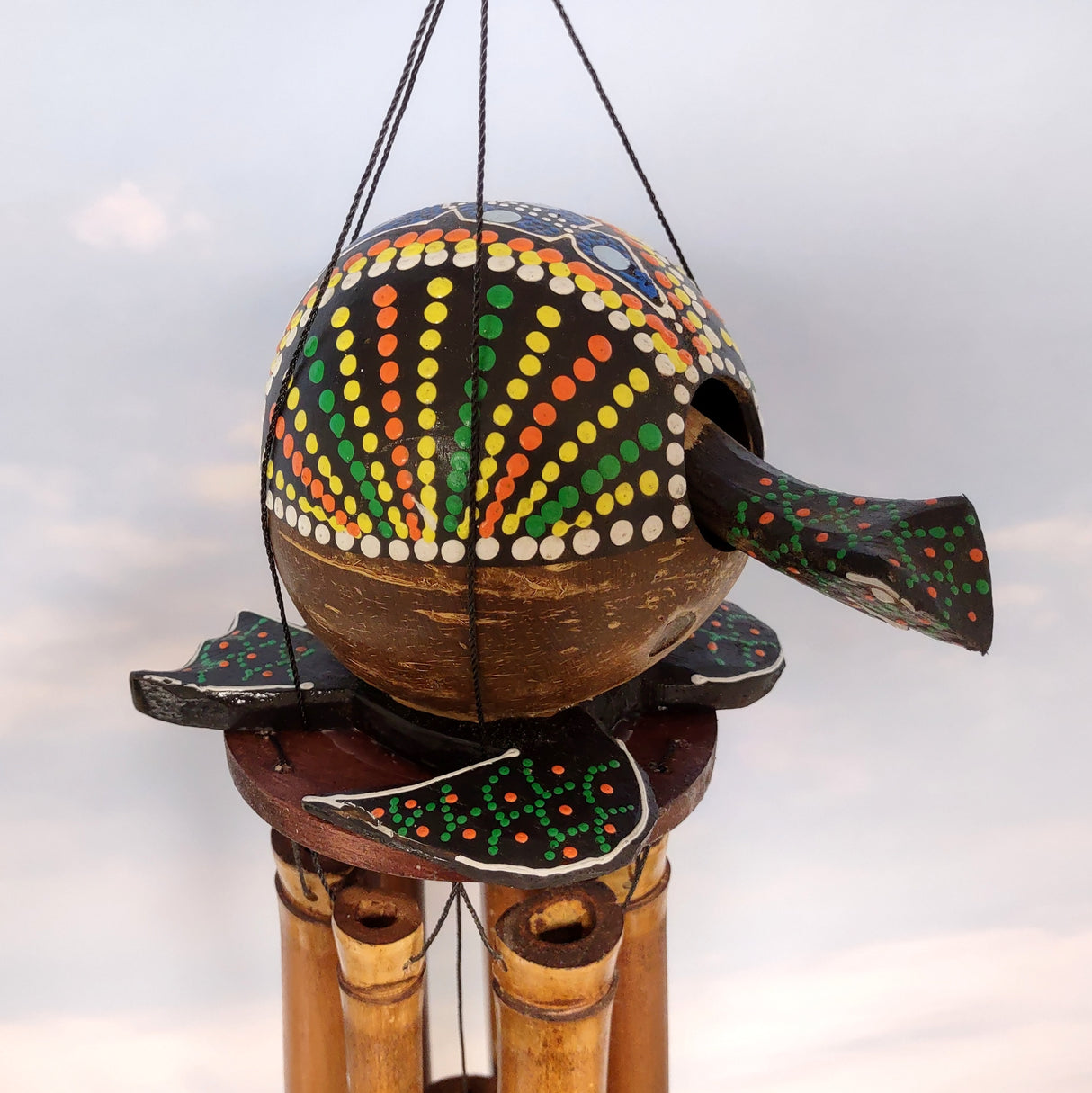 Painted Coconut Sea Turtle Bamboo Wind Chime Green Orange Dots (1 windchime approx. 38 x 6.5 inches) Hanging Turtle Chime for beachy home!