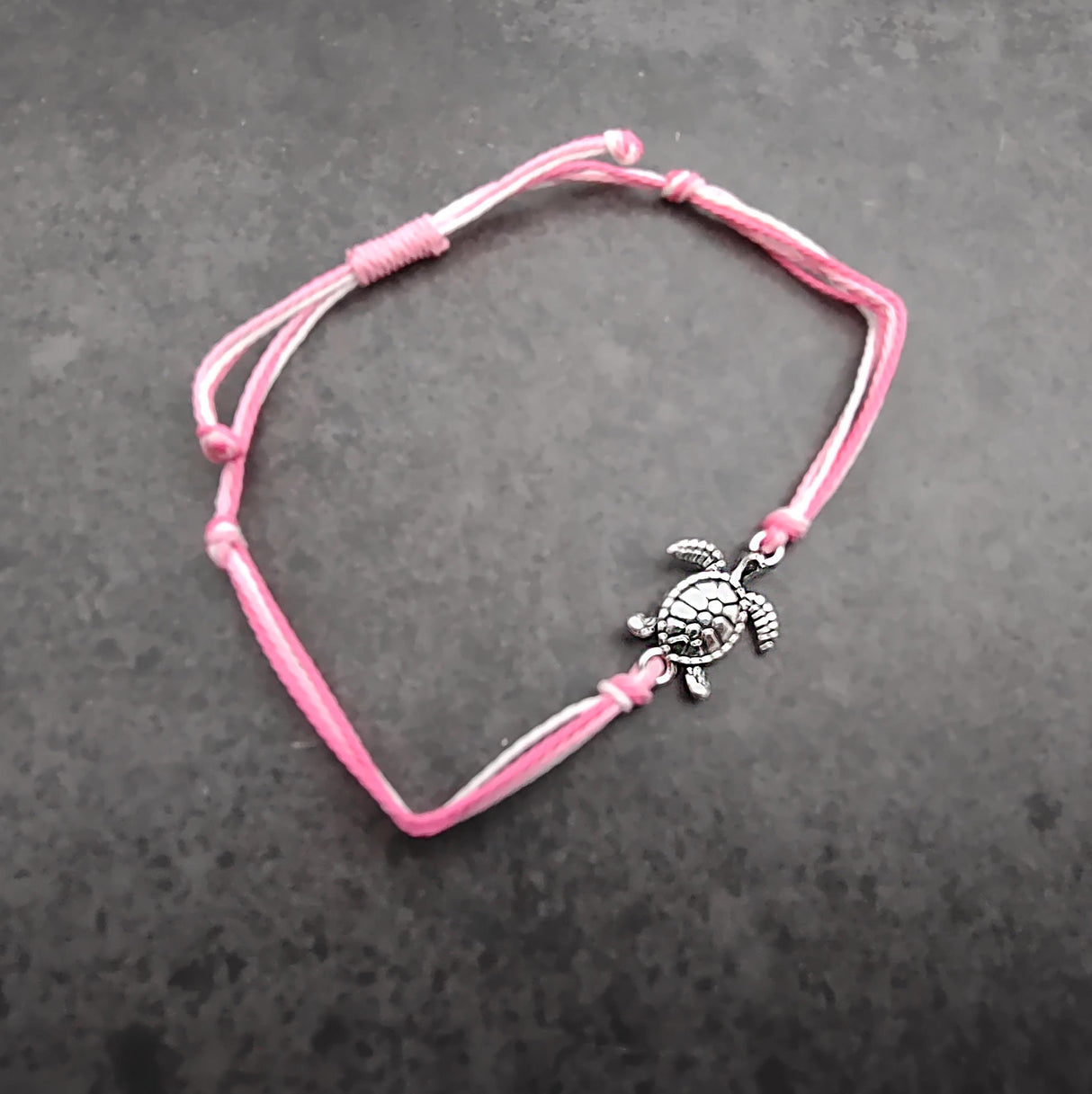 Sea Turtle Charm Bracelet Pink White Cord (approx. 5-7+ inches AROUND) Rose Carnation Sea Turtle String Bracelet Jewelry a thoughtful gift!
