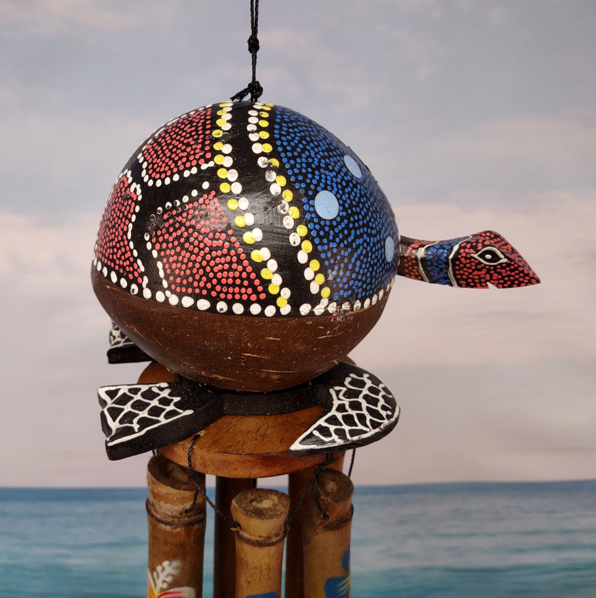 Painted Coconut Sea Turtle Bamboo Wind Chime Red Dot B GRADE (1 chime approx. 30 x 5 inches) Painted Sea Turtle Chime for patio decor!