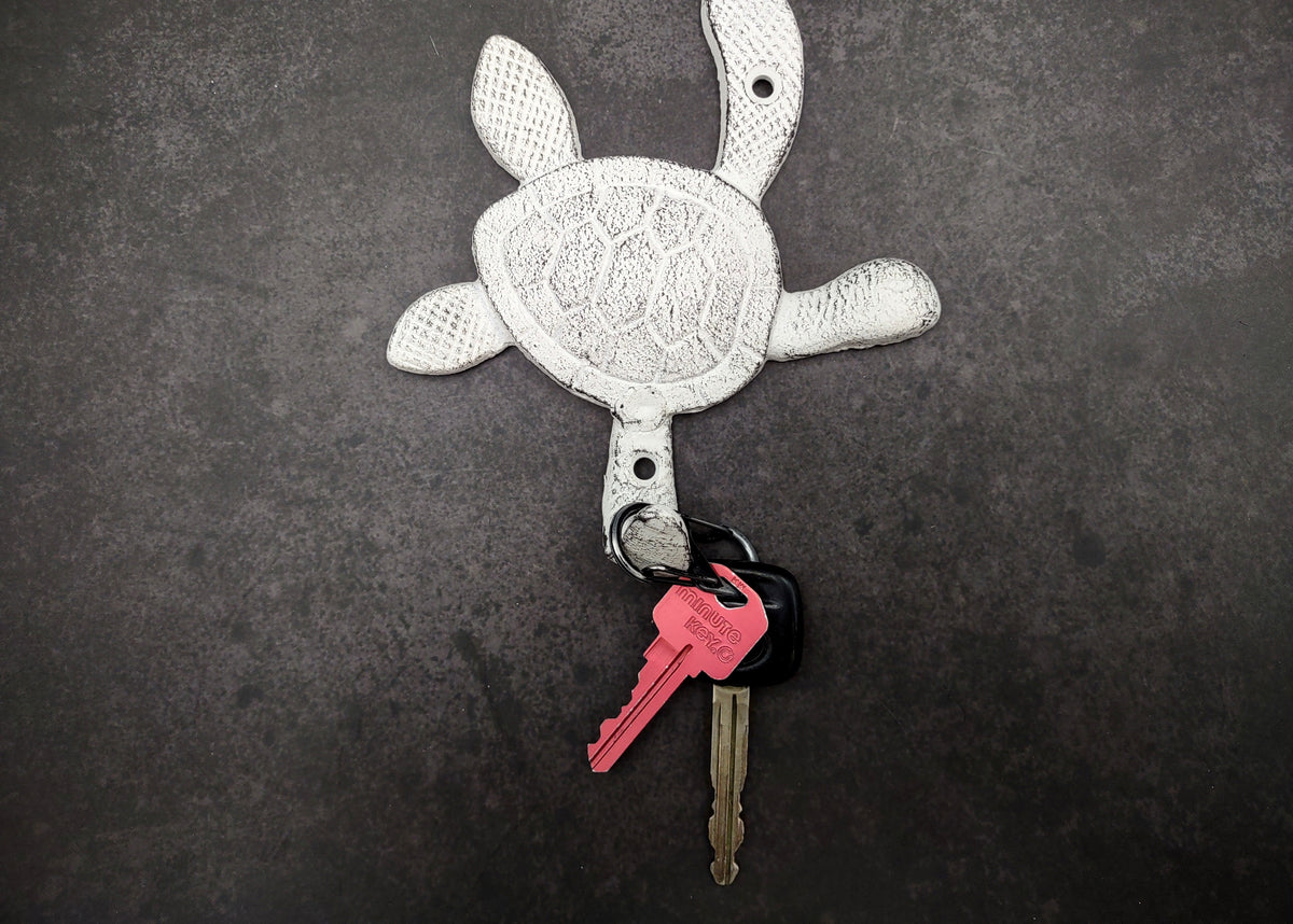 Cast Iron Antique White Sea Turtle Wall Hook (1 cast iron hook approx. 6+ inches) Functional Sea Turtle Wall Hanger for coastal home decor!