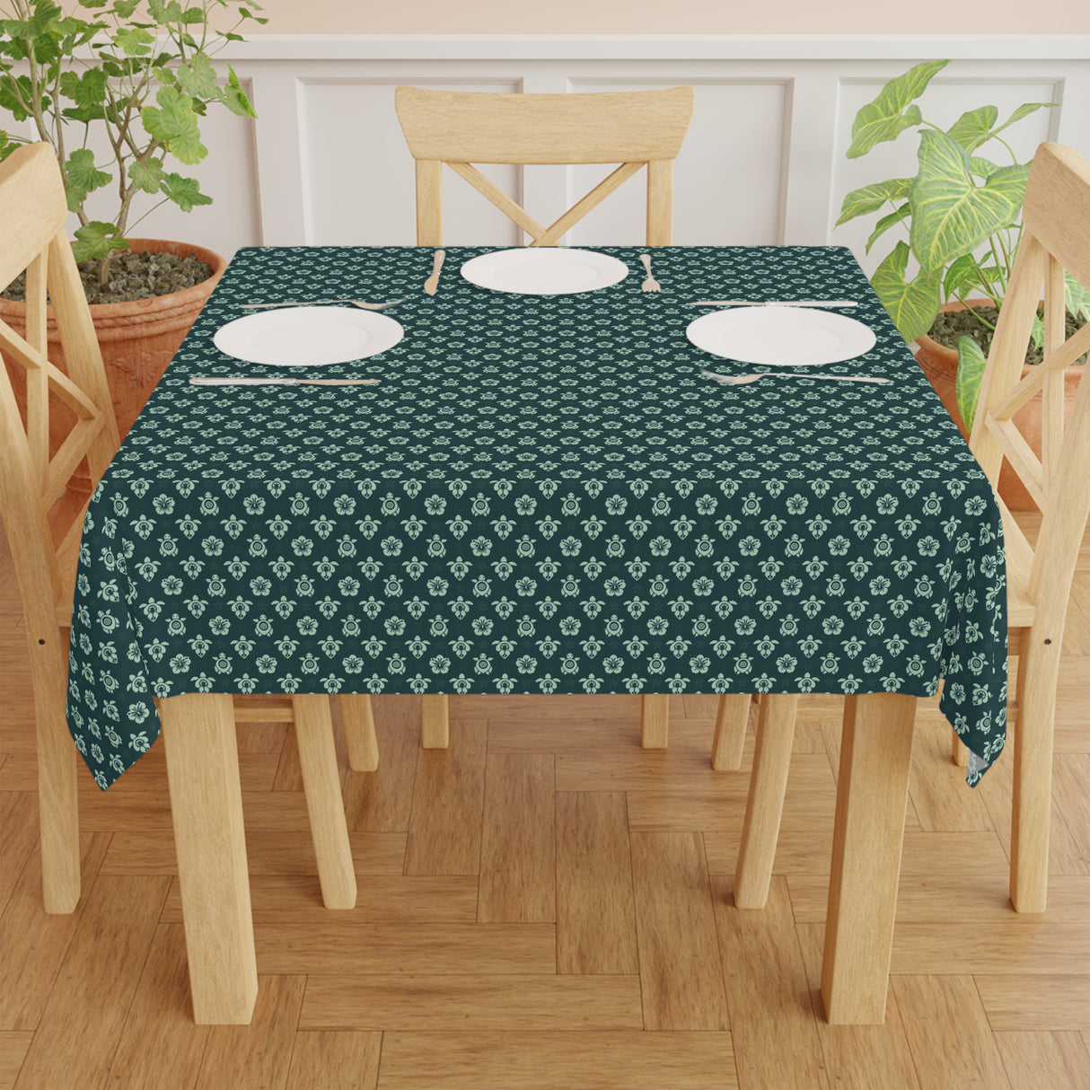 Dark Teal Sea Turtle and Floral Print Tablecloth
