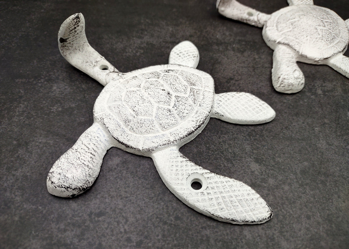 Cast Iron Antique White Sea Turtle Wall Hook (1 cast iron hook approx. 6+ inches) Functional Sea Turtle Wall Hanger for coastal home decor!
