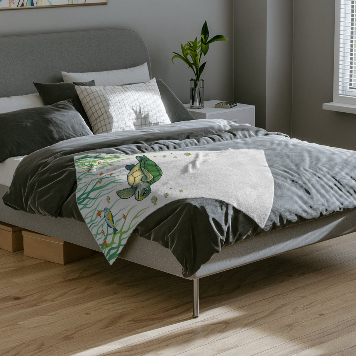 Green Sea Turtle in The Grass -Themed Velveteen Microfiber Blanket - 3 Sizes