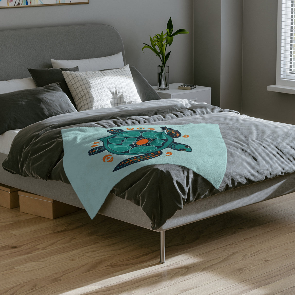 Blue Sea Turtle-Themed Boho Velveteen Microfiber Blanket - 3 Sizes