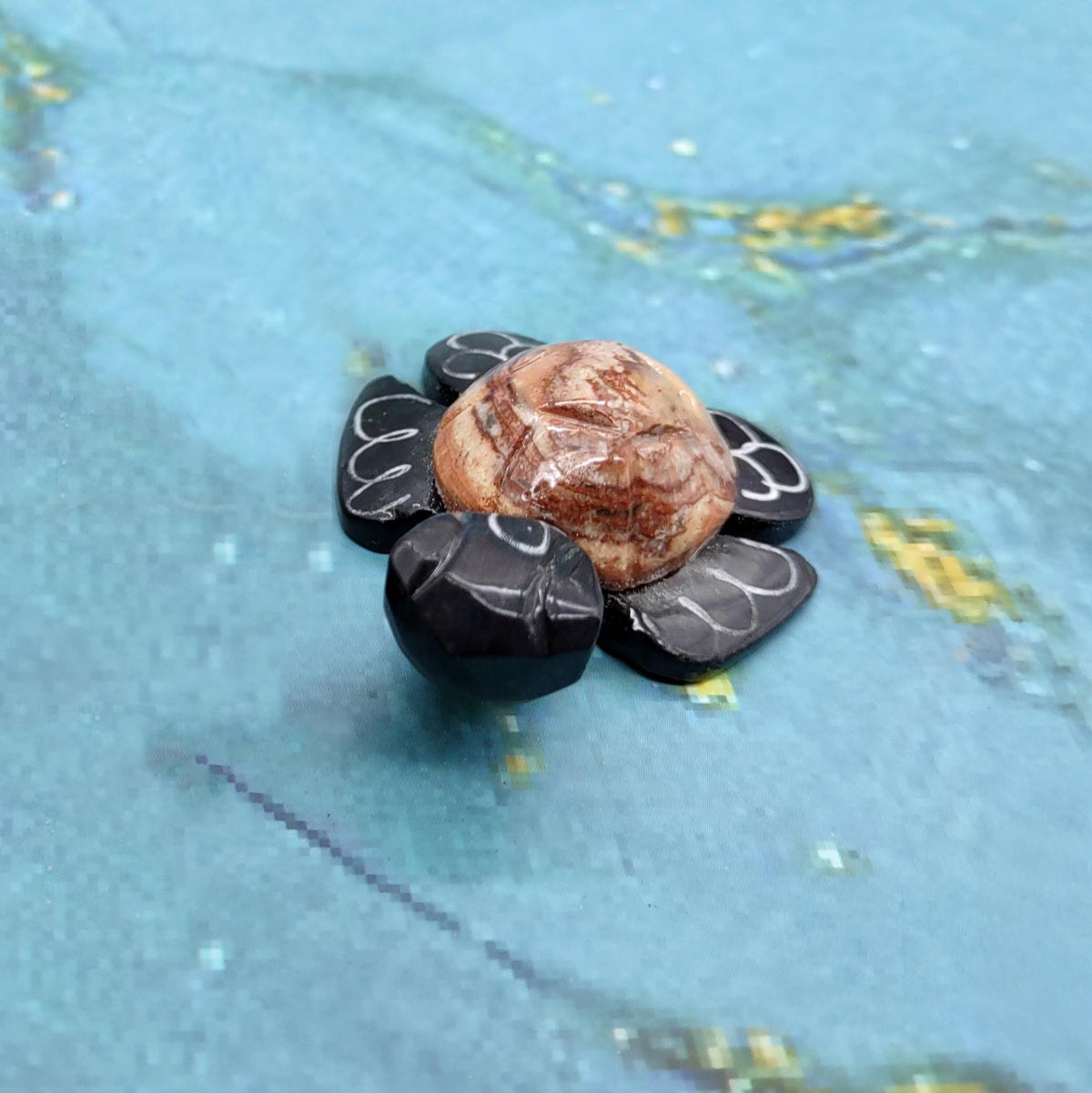 Natural Marble Stone Black Sea Turtle (1 stone figure approx. 2+ inches) Carved Marble Turtle Figurine for coastal home shelf decor!