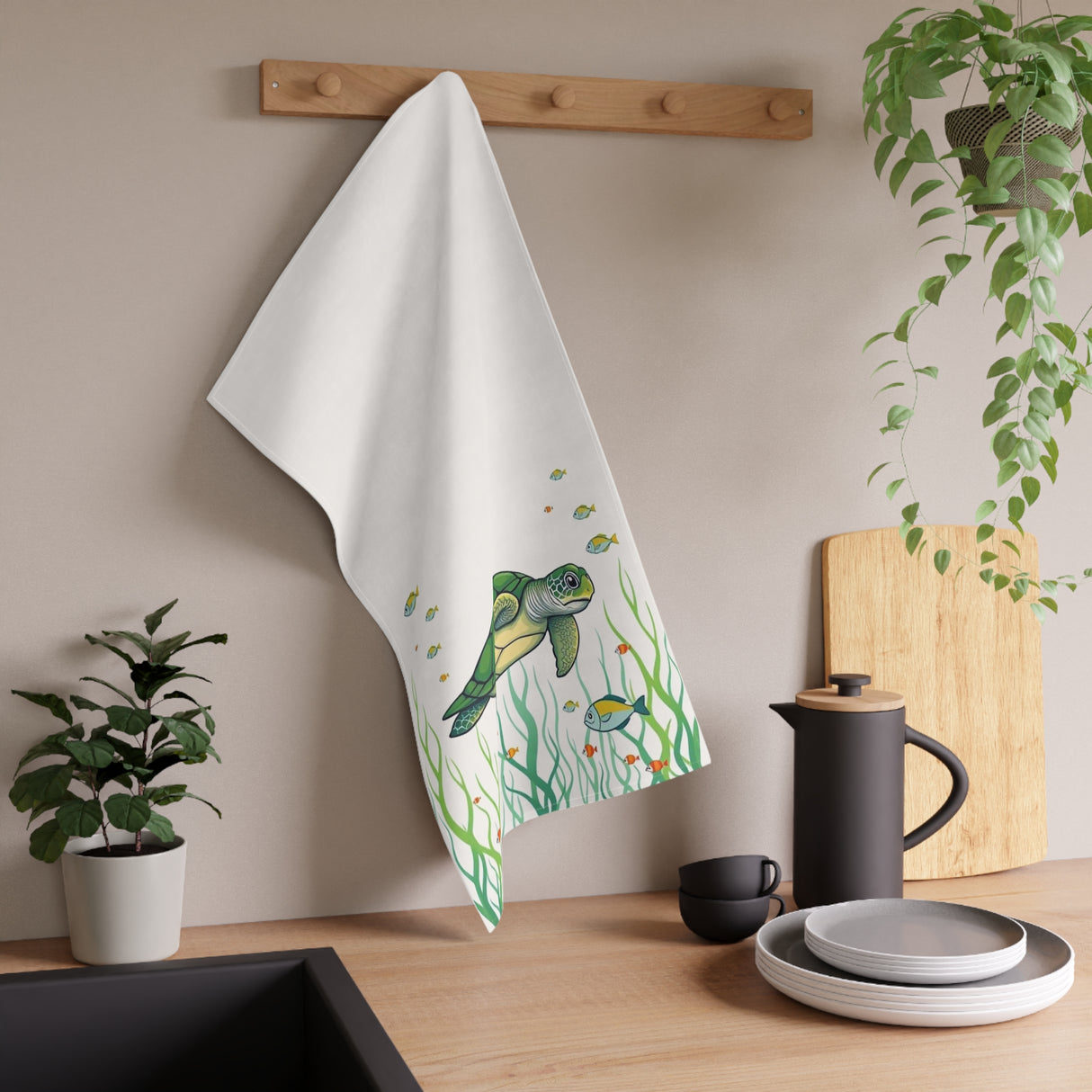 Illustrated Floating Green Sea Turtle Tea Towel (cotton, poly)
