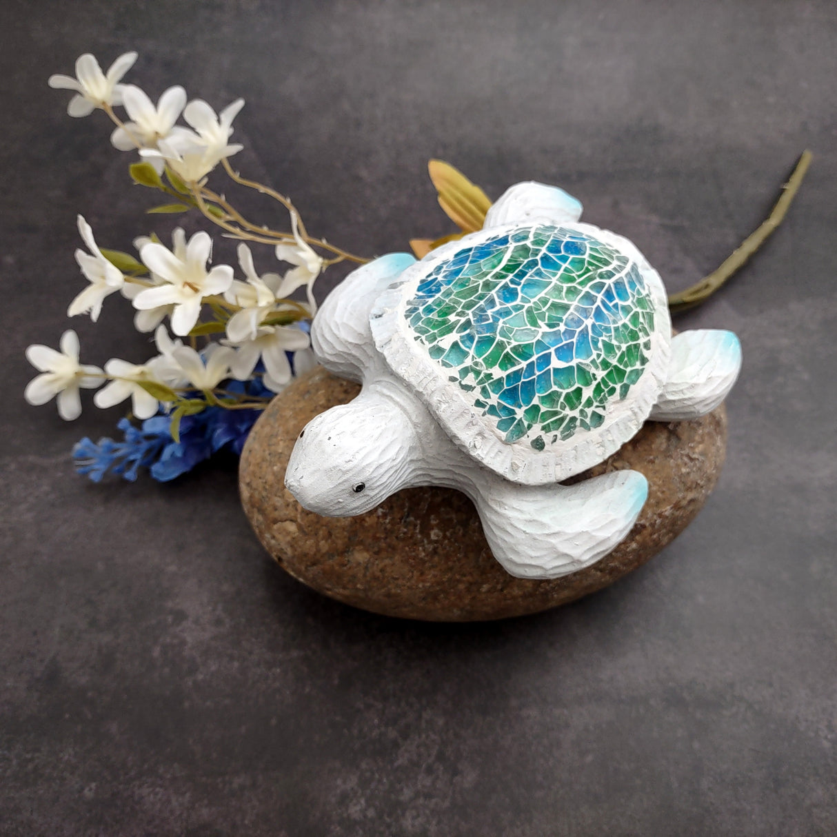 Beach Glass Sea Turtle Blue Green Mosaic Shell Figurine (1 sea turtle approx. 5.5 inches long) Glass Mosaic Shell Sea Turtle for home decor!