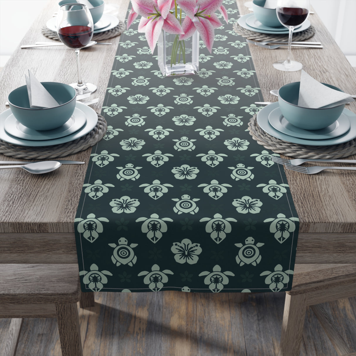 Dark Teal Sea Turtle and Floral Print Table Runner
