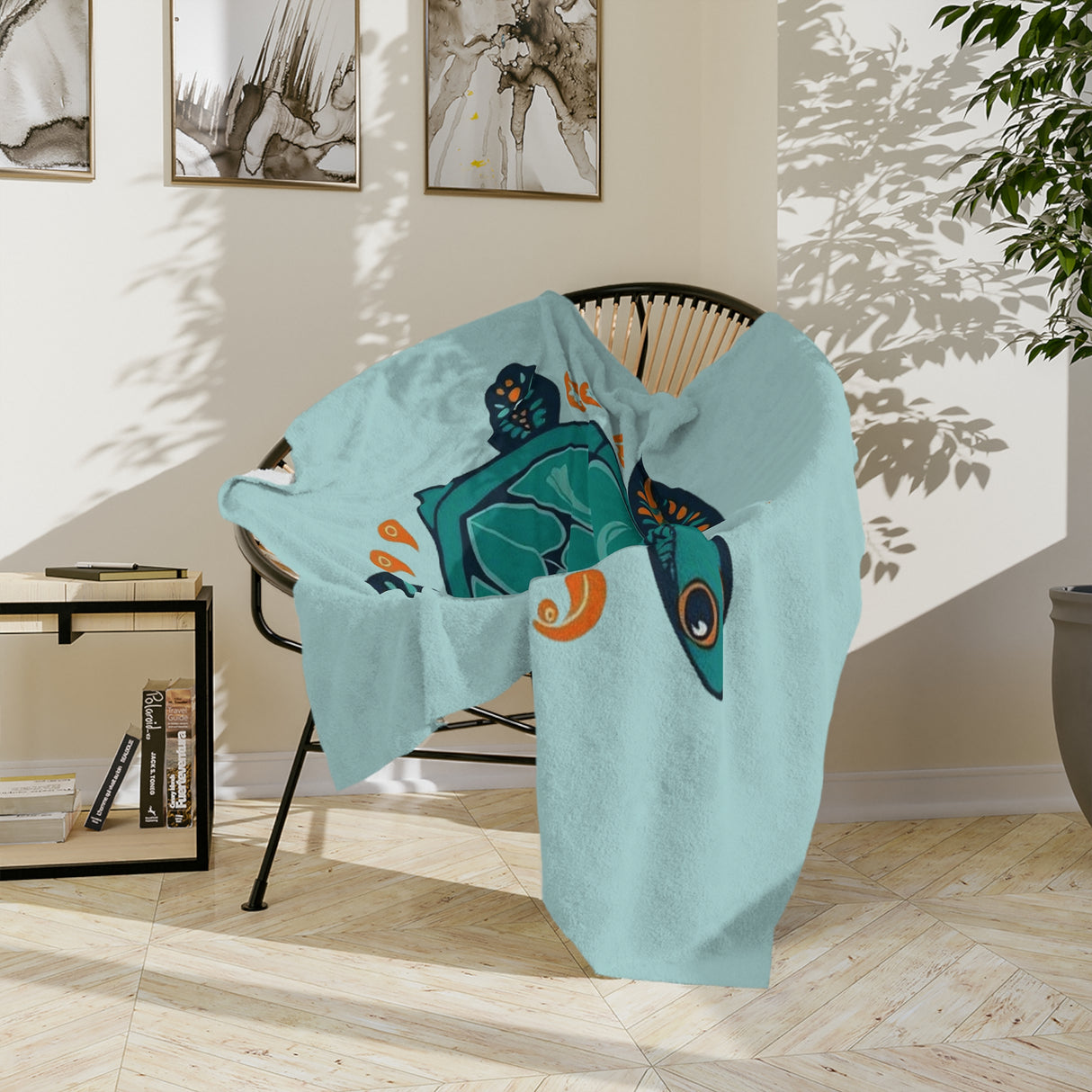 Blue Sea Turtle-Themed Boho Velveteen Microfiber Blanket - 3 Sizes