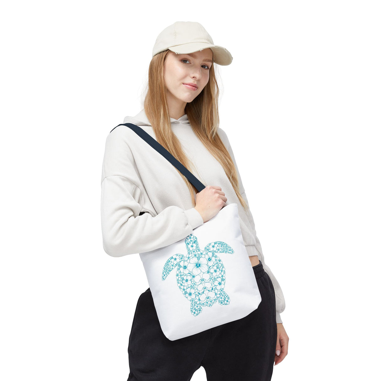 White and Teal Tropical Flower Sea Turtle Tote Bag - 3 sizes