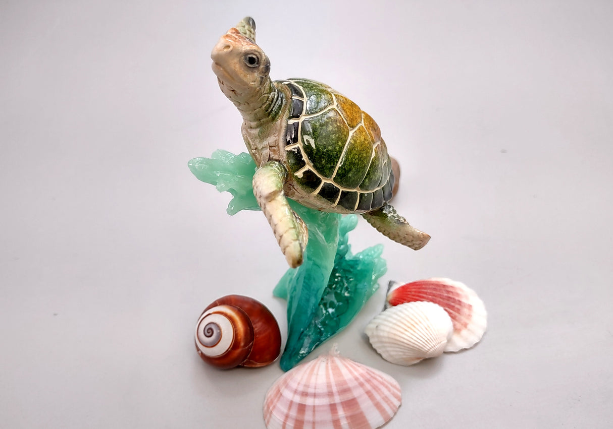 Green Sea Turtle Figurine Riding A Wave (One figure approx. 5+ inches long) Wonderful sea life décor for your home or office!