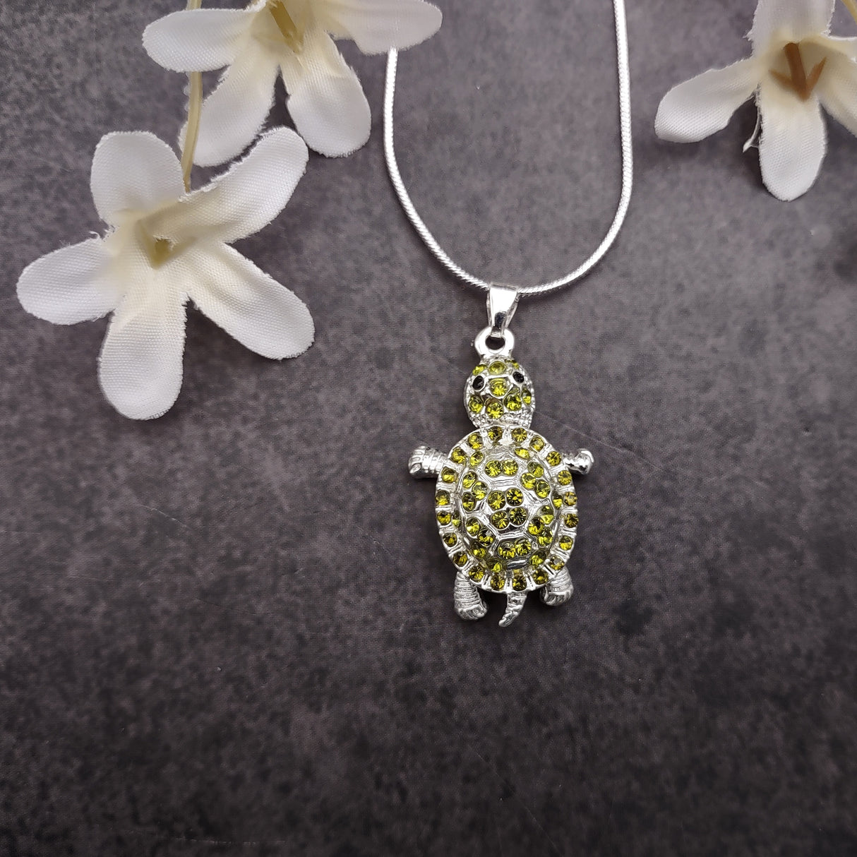 Green Sea Turtle Necklace Silver Rhinestone Pendant (approx. 16+ inches AROUND) Colorful Sea Turtle Jewelry a gift for ocean life lovers!