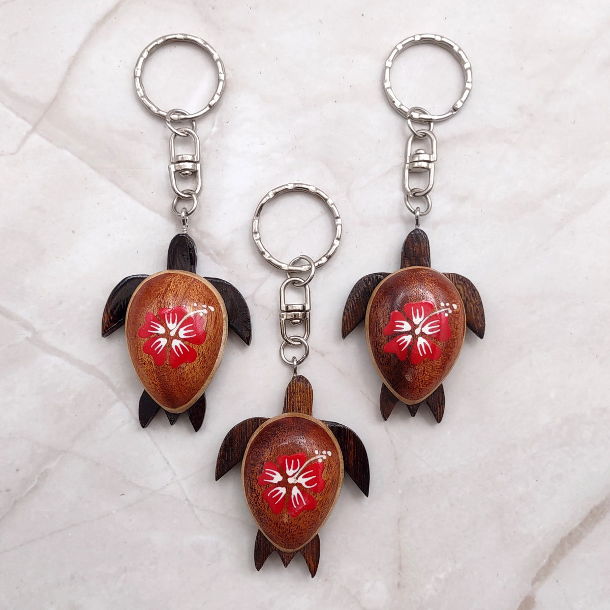 Red Hibiscus Painted Wooden Sea Turtle Keychain (1 keychain approx. 4.25+ inches) Wooden Sea Turtle Key Fob for gifting or party favors!