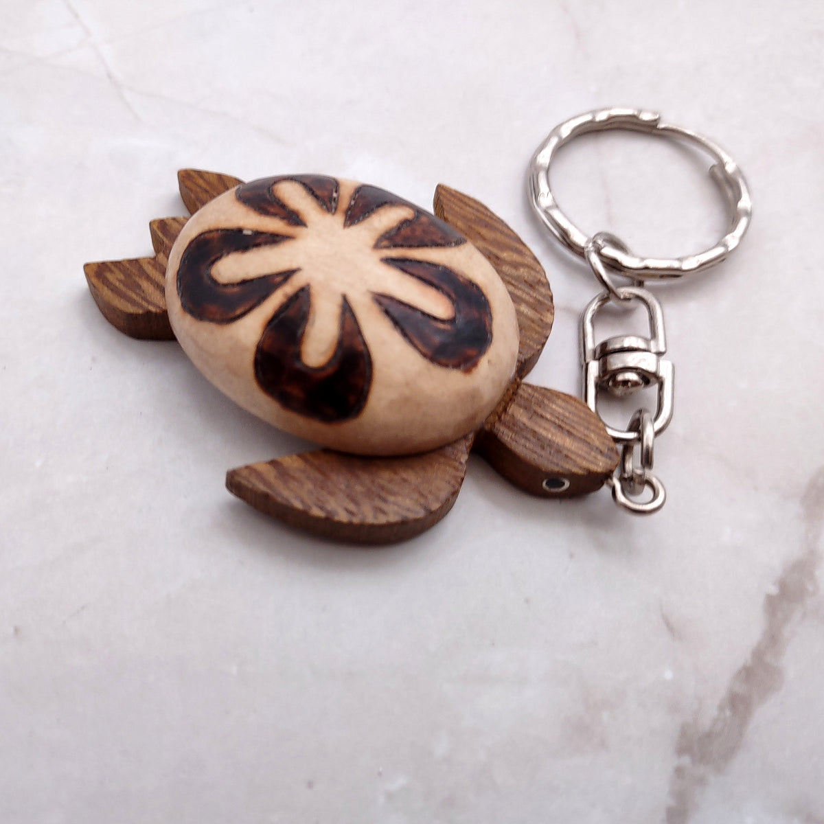Natural Wood Plumeria Sea Turtle Keychain (1 key chain approx. 4+ inches) Wooden Pattern Sea Turtle Key Fob for gifting or decorative charm!