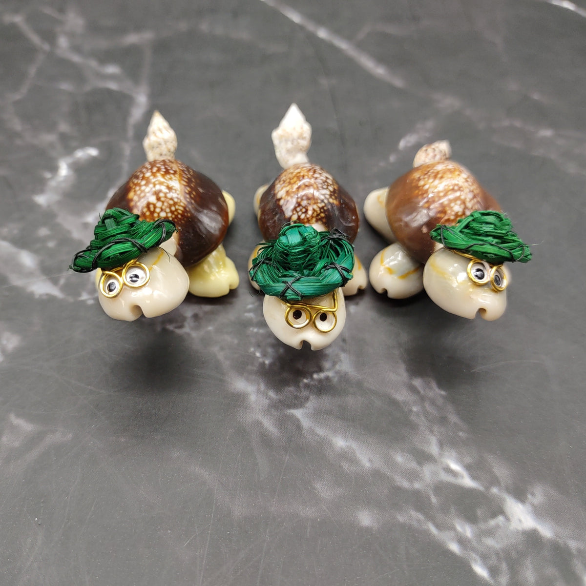 Cowrie Shell Sea Turtle Figurines Green Hat (3 figures approx. 2+ inches) Cute Cowrie Seashell Sea Turtles for gifts decor & display!