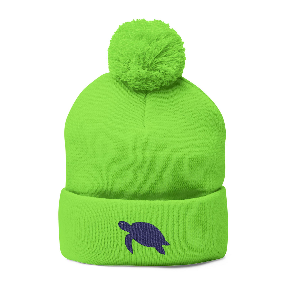 Cozy Pom-Pom Knit Cap with Purple Sea Turtle Embroidery - 4 colors available