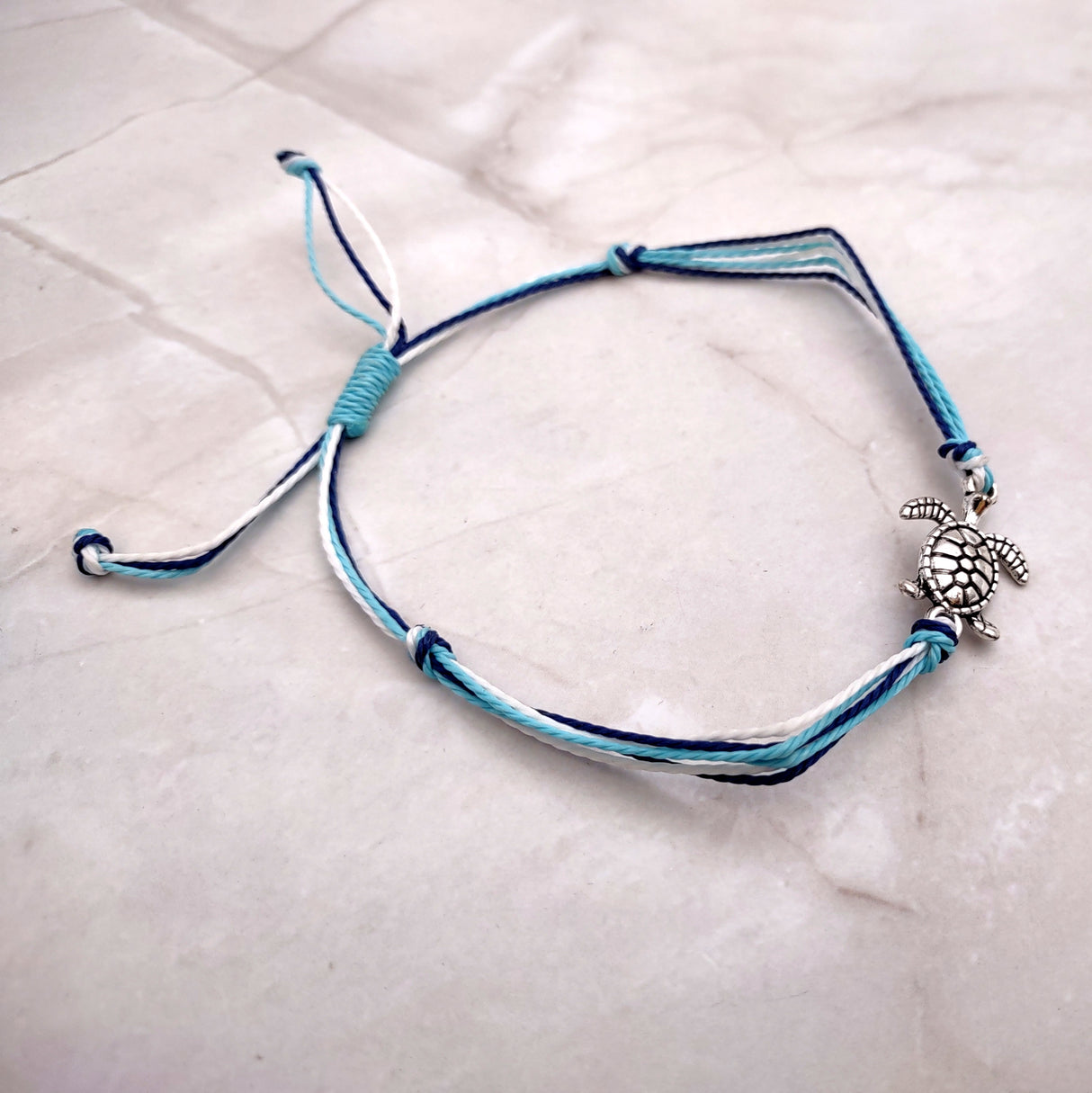 Sea Turtle Charm Bracelet Dark and Light Blue White Cord (approx. 5-7+ inches AROUND) Navy and Baby Blue Sea Turtle String Bracelet to gift!