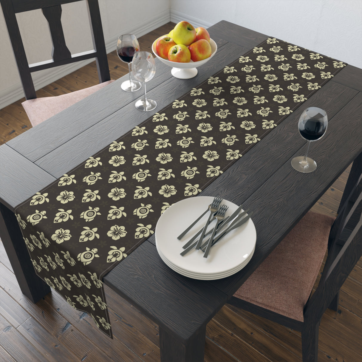 Dark Brown Sea Turtle and Floral Print Table Runner