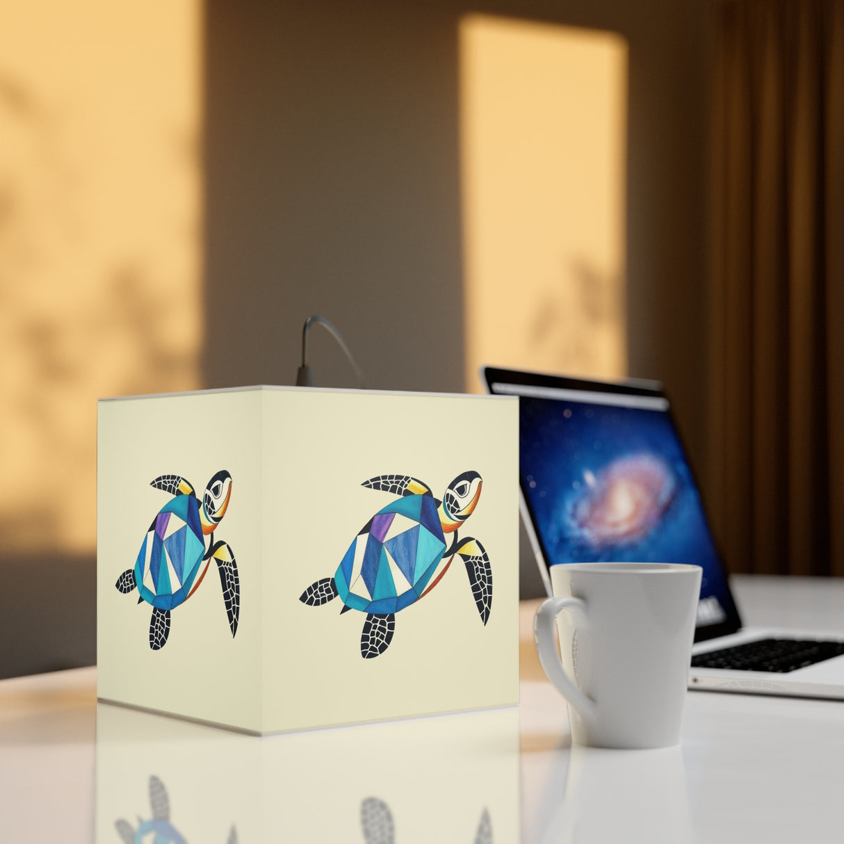 Blue Collage Sea Turtle Geometric Light Cube Lamp