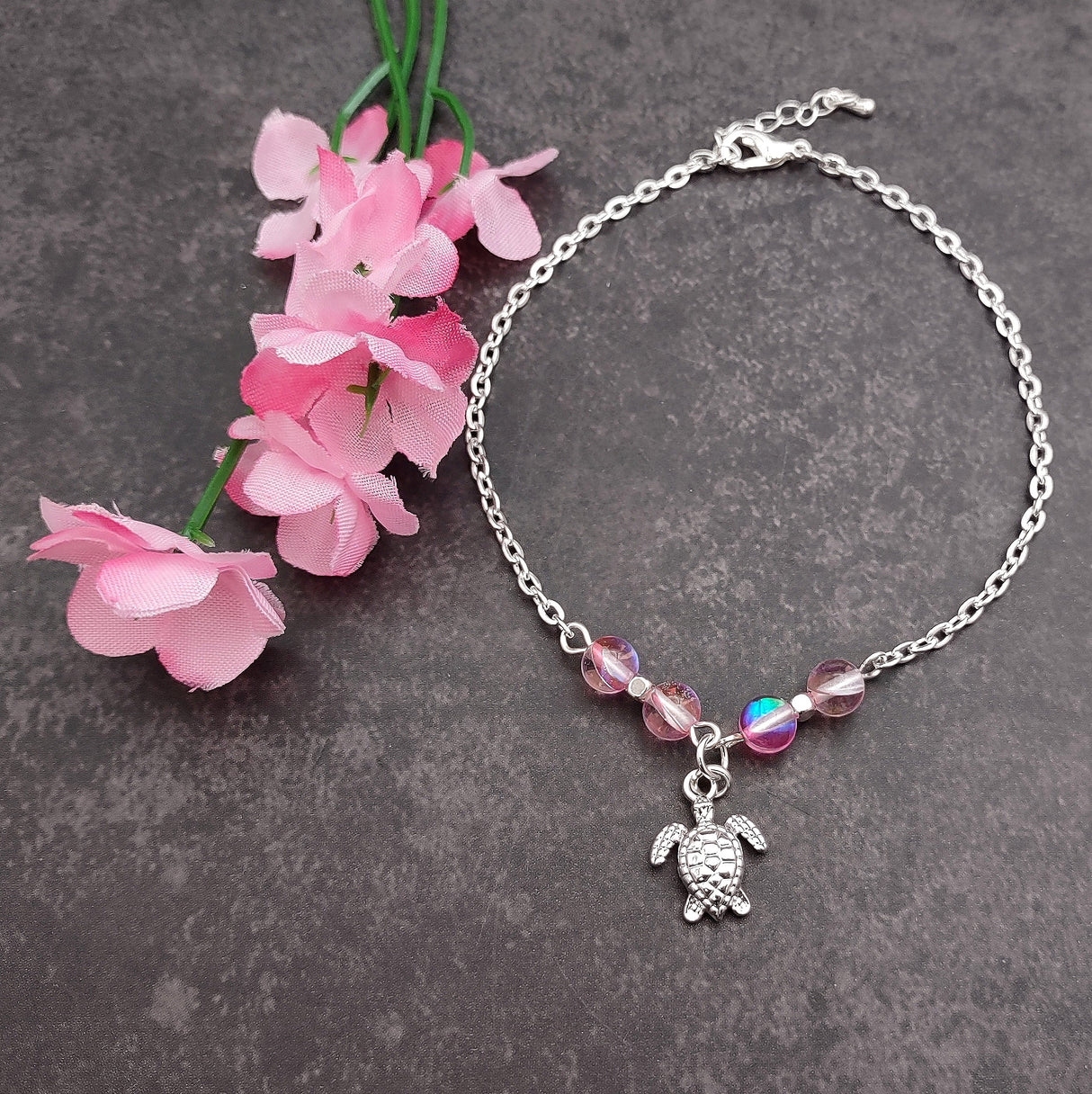 Sea Turtle Anklet Light Pink Beads Silver Color (approx. 9+ inches AROUND) Cute Pink Sea Turtle Charm Anklet for any beachy outfit!