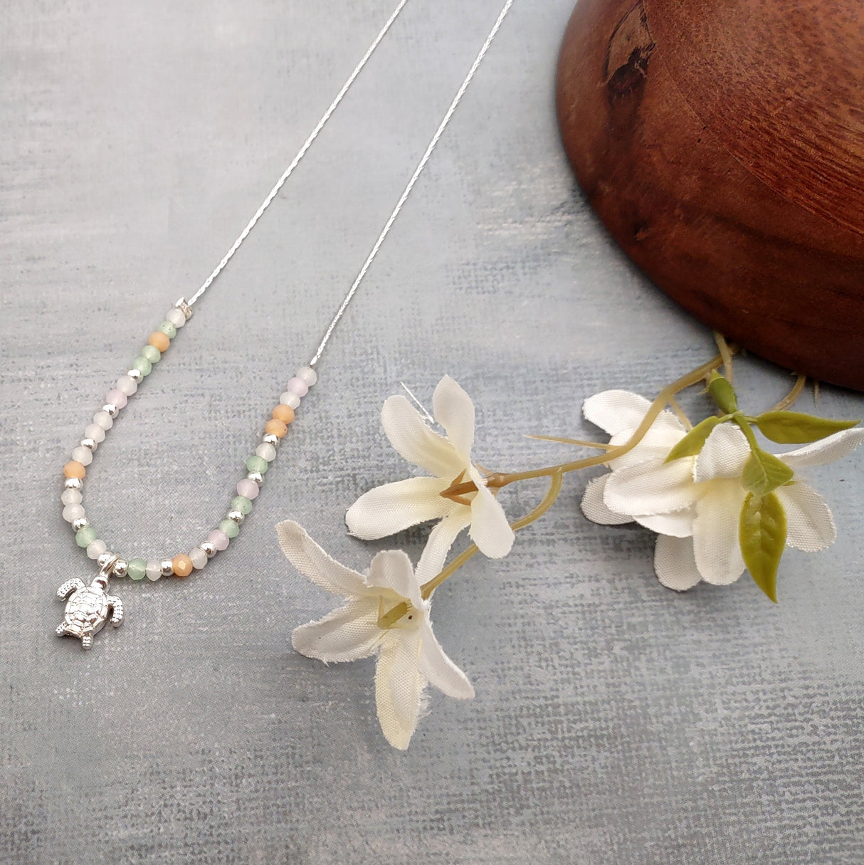 Sea Turtle Charm Necklace Orange Green Blue Beads Silver Color (approx. 14+ inches AROUND) Sea Turtle Necklace Jewelry for seaside wear!