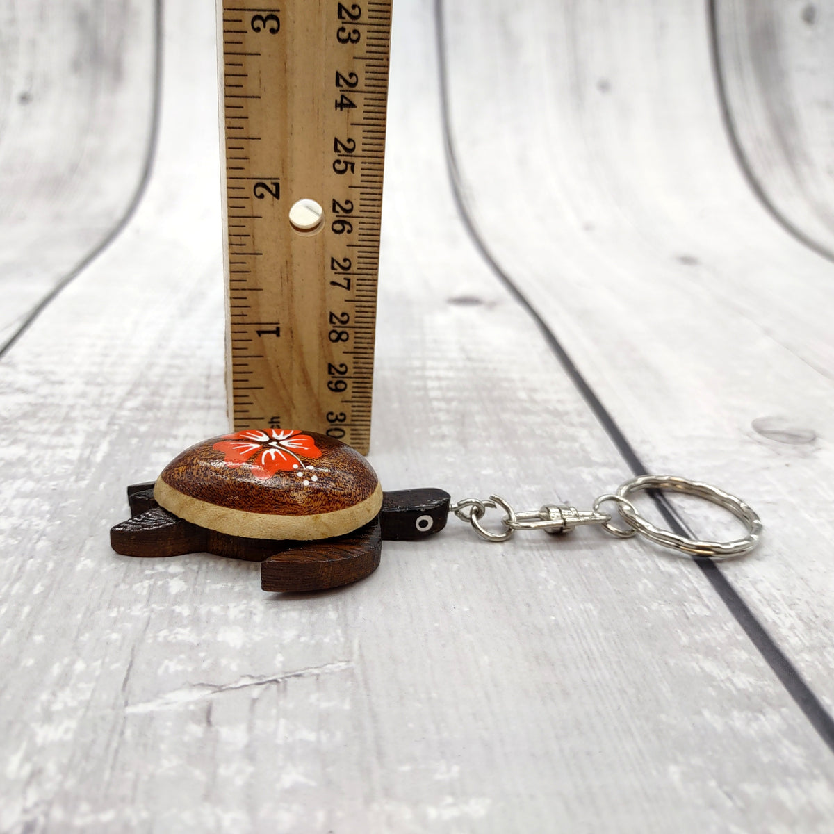 Orange Hibiscus Painted Wooden Sea Turtle Keychain (1 keychain approx. 4.25+ inches) Wooden Sea Turtle Key Fob for gifting or party favors!