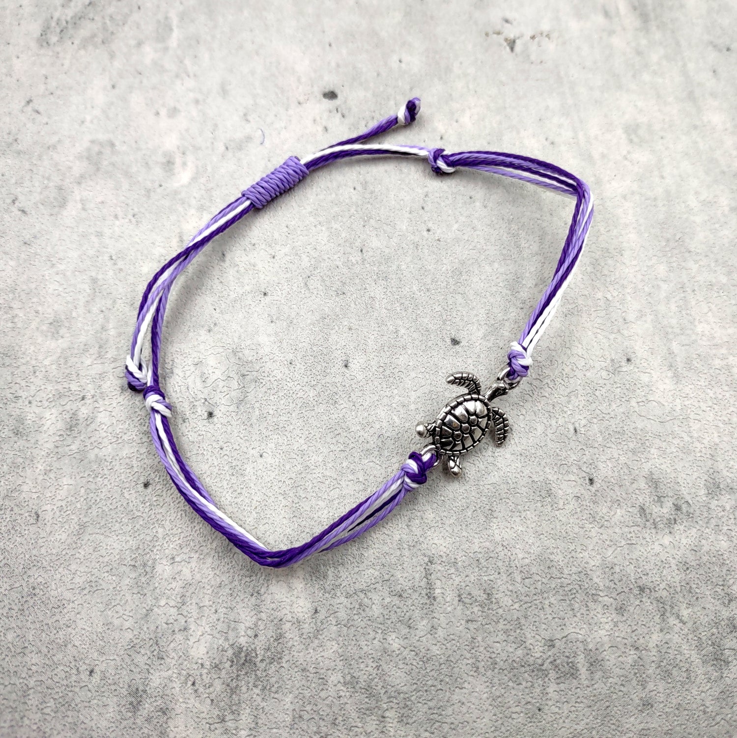 Sea Turtle Charm Bracelet Lavender Purple White Cord (approx. 5-7+ inches AROUND) Purple Sea Turtle String Bracelet Jewelry for gifting!