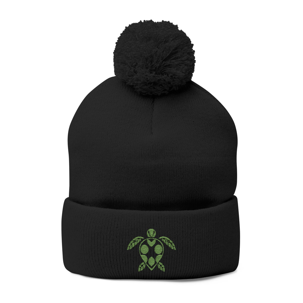 Cozy Pom-Pom Knit Cap with Green Sea Turtle Embroidery
