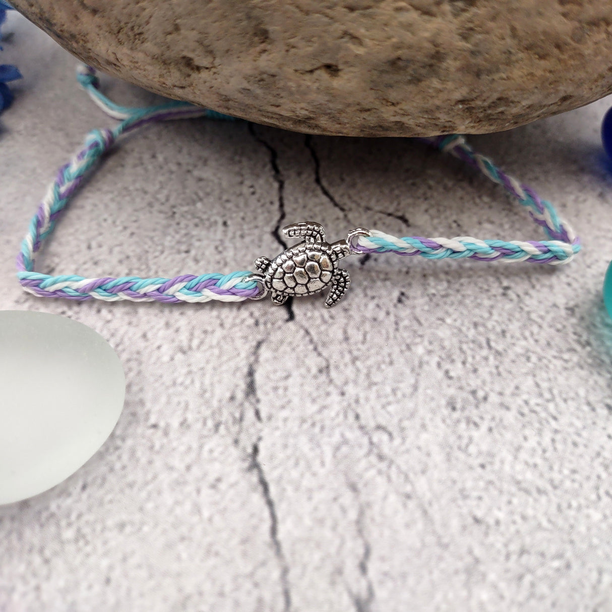 Sea Turtle Bracelet Braided Cord Light Blue Purple White (approx. 5-7+ inches AROUND) Blue Purple String Sea Turtle Bracelet to gift!