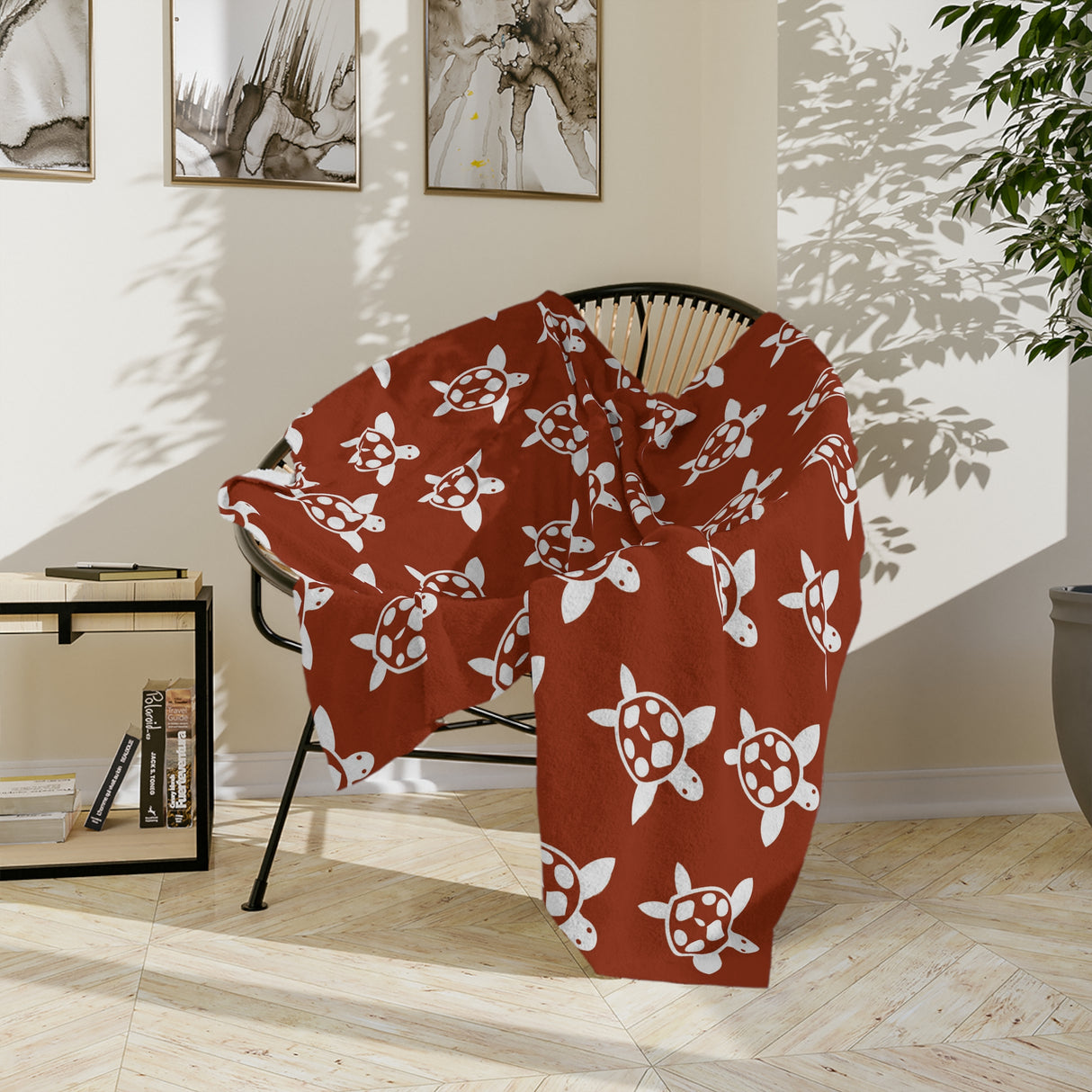 Burnt Orange and White Sea Turtle-Themed Velveteen Microfiber Blanket - 3 Sizes