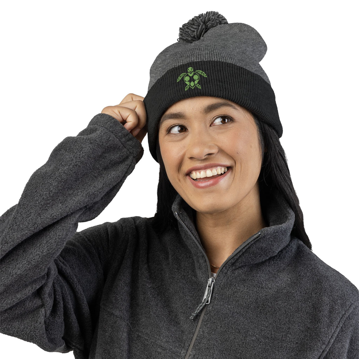 Cozy Pom-Pom Knit Cap with Green Sea Turtle Embroidery