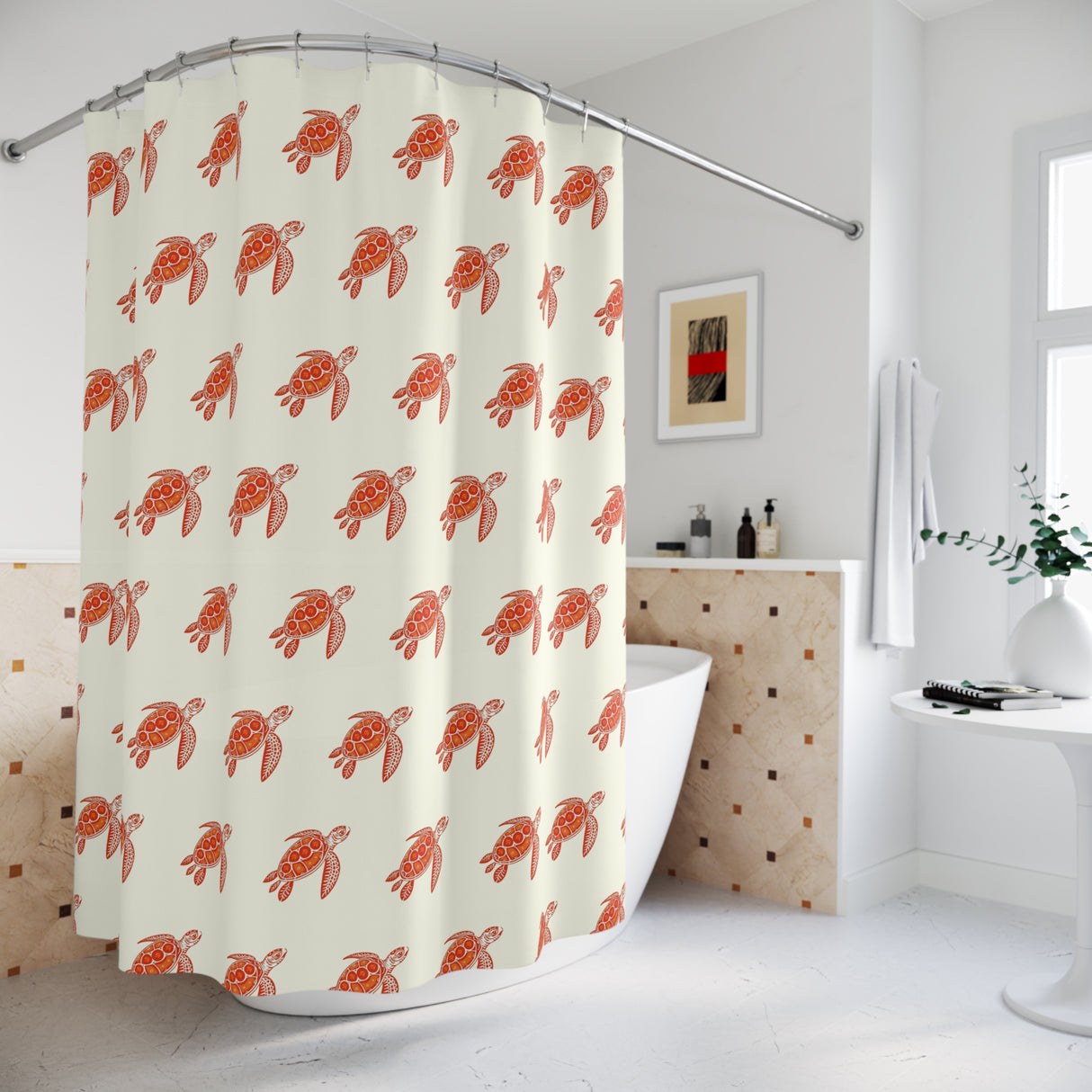 Orange and Red Tribal Sea Turtle Shower Curtains - Coastal Bathroom Decor