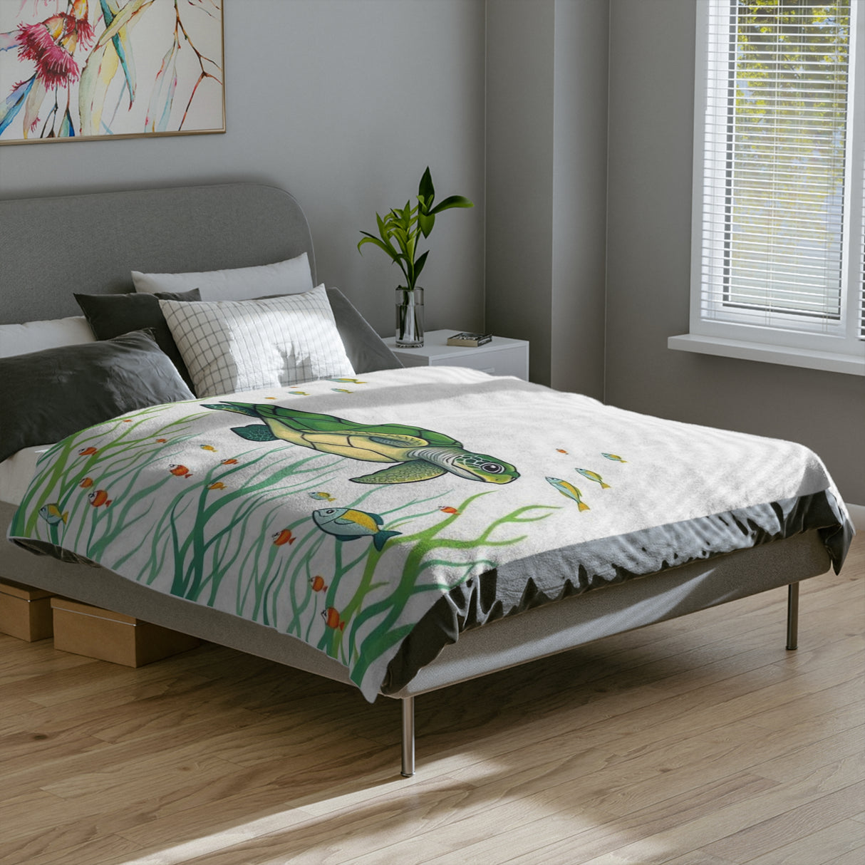 Green Sea Turtle in The Grass -Themed Velveteen Microfiber Blanket - 3 Sizes