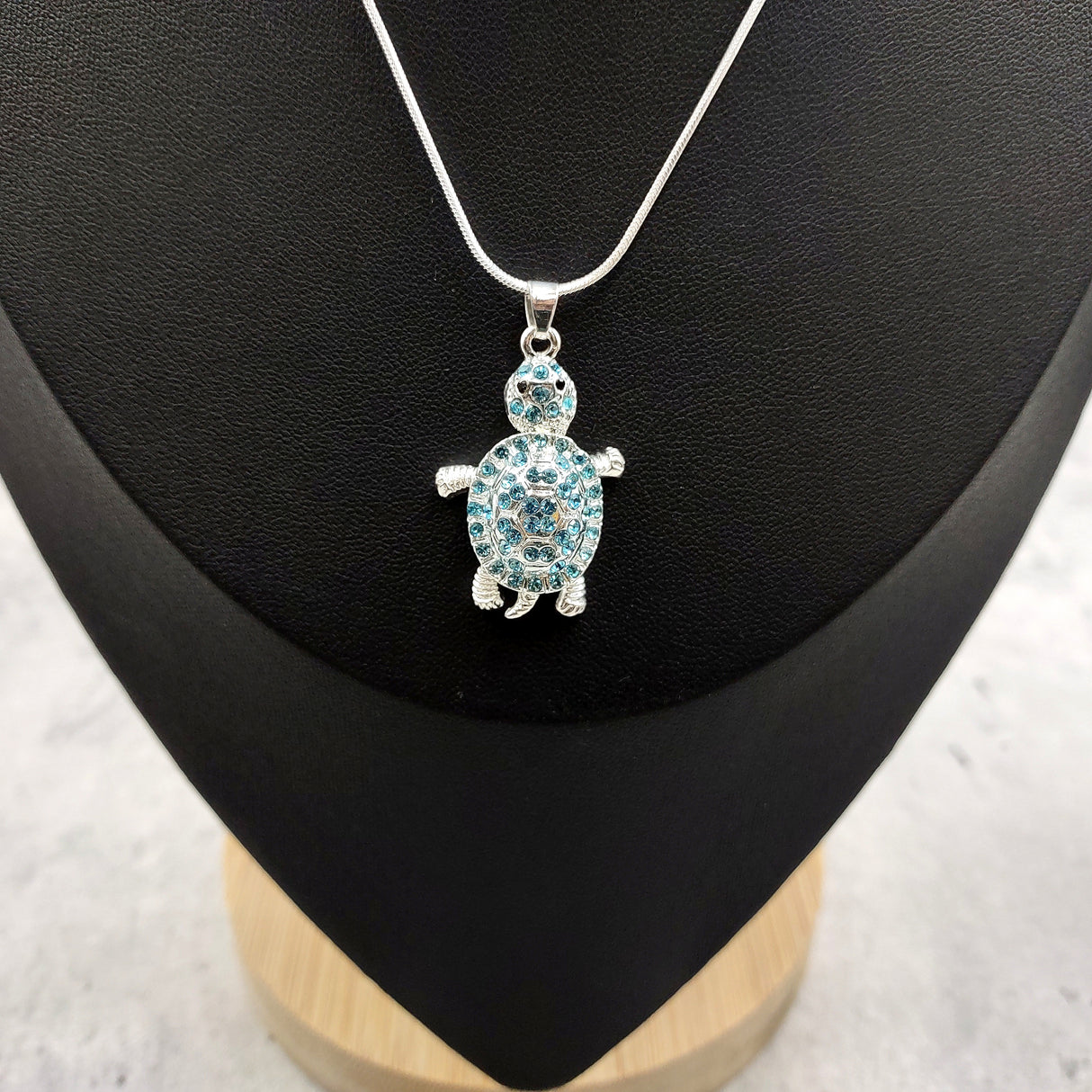 Aqua Rhinestone Sea Turtle Pendant Necklace (approx. 16+ inches AROUND) Teal Sea Turtle Jewelry a gift for ocean & sea turtle enthusiast!