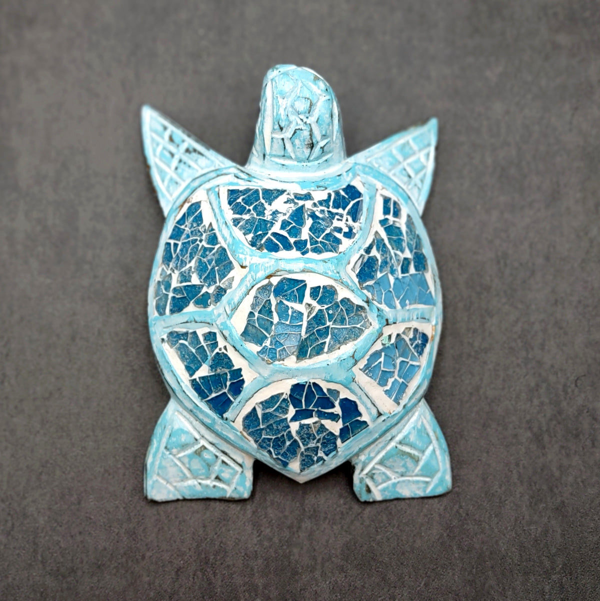 Blue Wood Sea Turtle Sea Glass Shell Figurine (1 figure approx. 6+ inches long) Mosaic Sea Glass Shell Wood Sea Turtle for home decor!