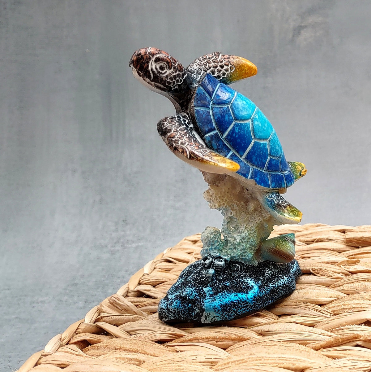 Blue Sea Turtle Figurine Painted Resin (1 figure approx. 3.5+ inches tall) Ocean Blue Sea Turtle for coastal home decor gifts & collecting!
