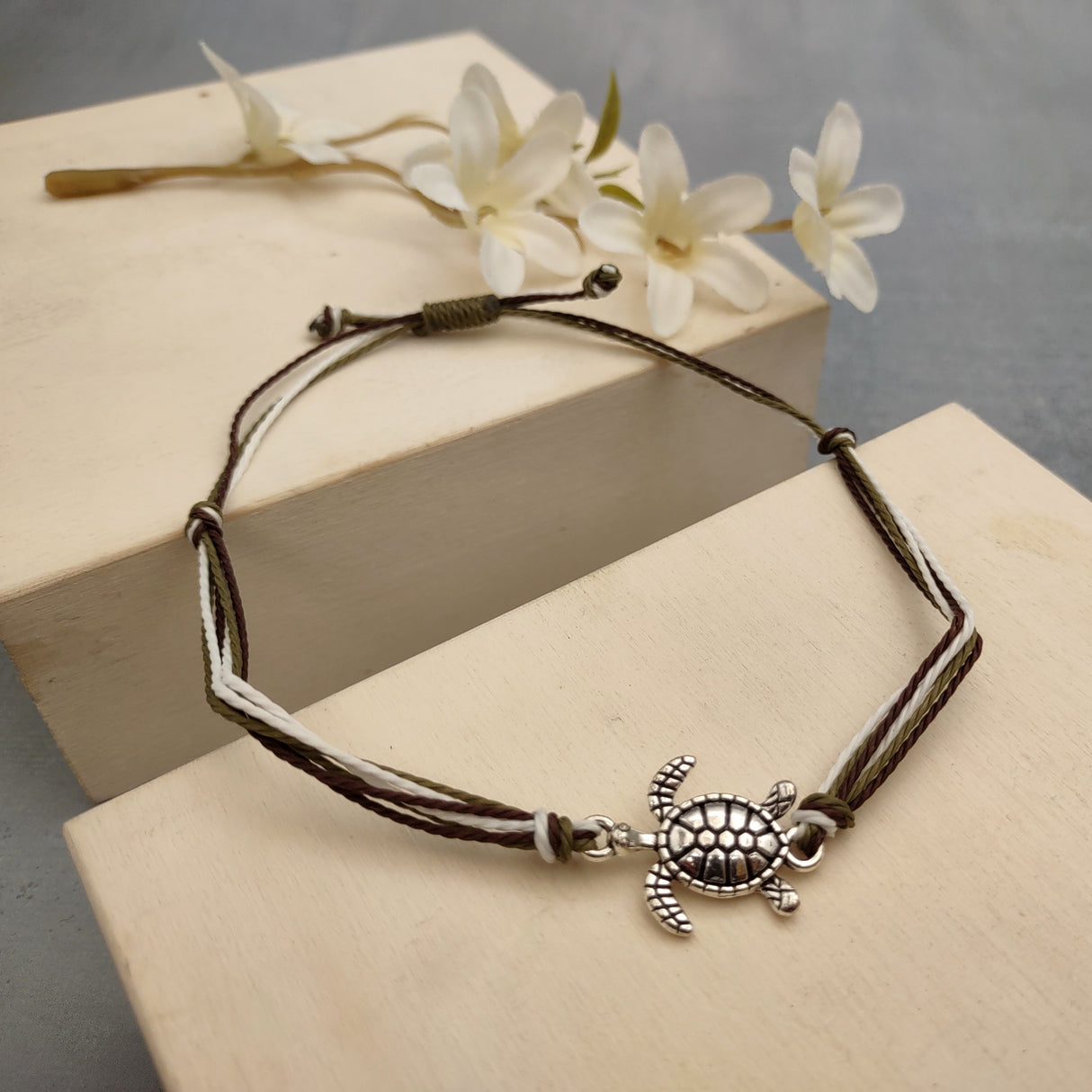 Sea Turtle Charm Bracelet Brown Green White Cord (approx. 5-7+ inches AROUND) Olive Green Brown Sea Turtle String Bracelet Jewelry to gift!