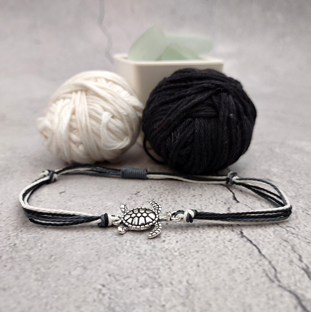 Sea Turtle Charm Bracelet Black Grey White Cord (approx. 5-7+ inches AROUND) Black Grey Sea Turtle String Bracelet Jewelry for gifting!