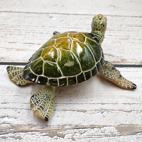 Green Sea Turtle Figurine Painted Resin (1 turtle approx. 6.5 inches long) Green Painted Resin Sea Turtle Figure for coastal home décor!