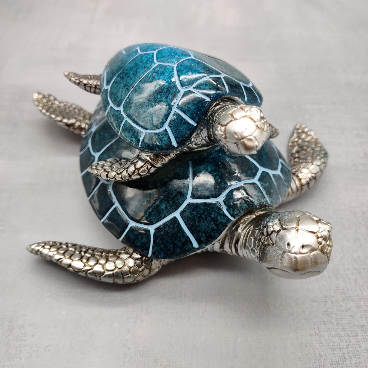 Blue Silver Sea Turtle Pair Resin Figurine (1 turtle approx. 6.5 inches long) Blue Silver Sea Turtle Pair Figure for coastal home décor!