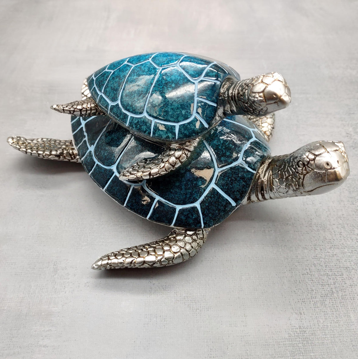 Blue Silver Sea Turtle Pair Resin Figurine (1 turtle approx. 6.5 inches long) Blue Silver Sea Turtle Pair Figure for coastal home décor!