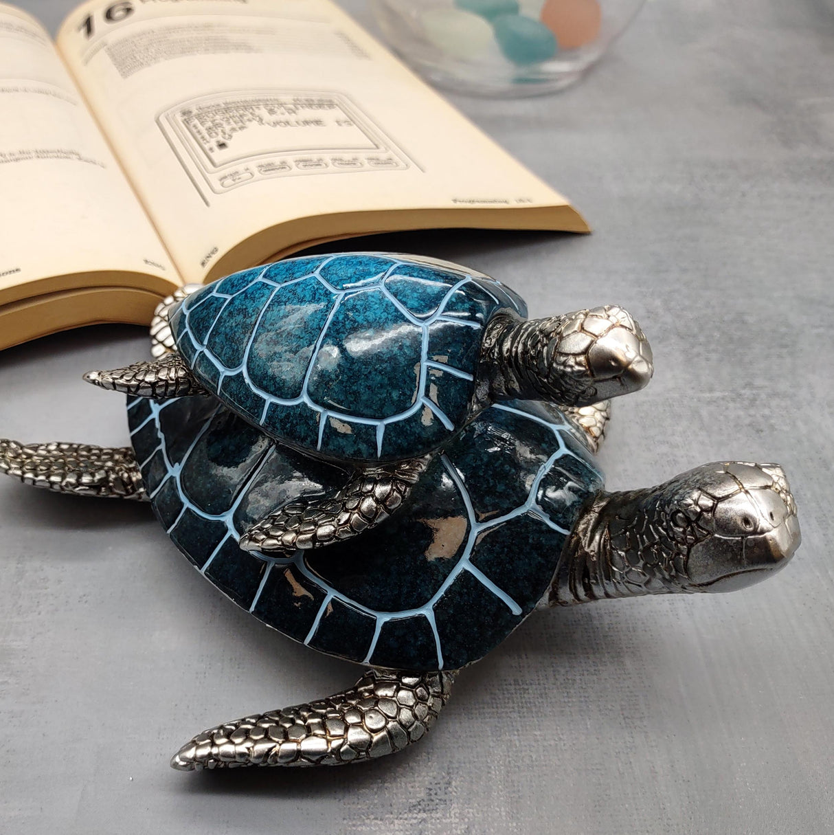 Blue Silver Sea Turtle Pair Resin Figurine (1 turtle approx. 6.5 inches long) Blue Silver Sea Turtle Pair Figure for coastal home décor!