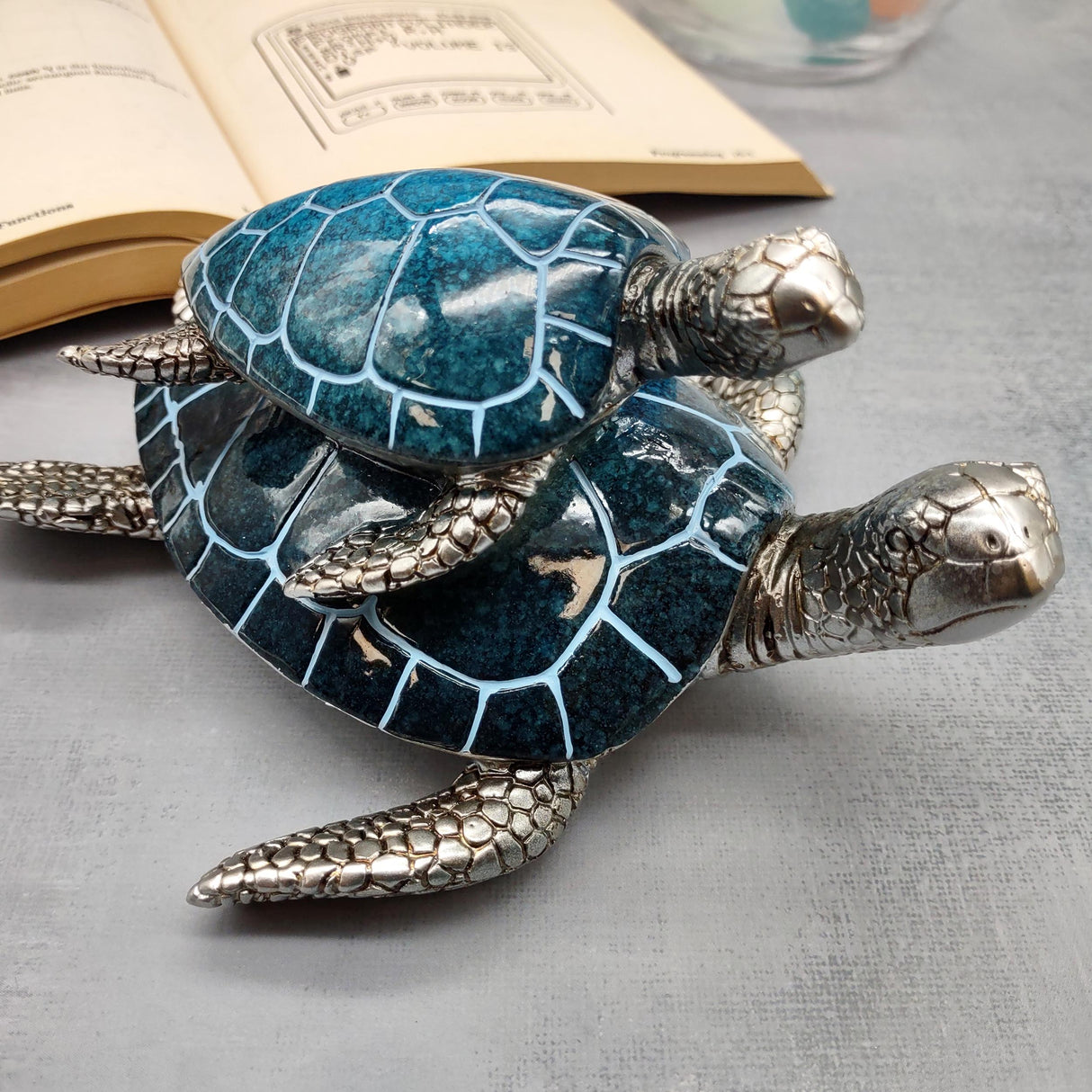 Blue Silver Sea Turtle Pair Resin Figurine (1 turtle approx. 6.5 inches long) Blue Silver Sea Turtle Pair Figure for coastal home décor!
